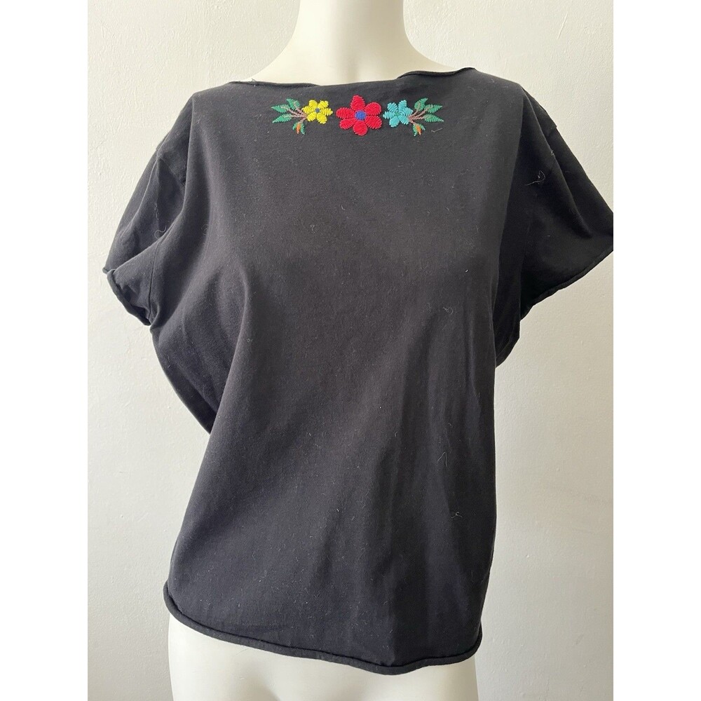 Johnny Was Black V-Neck Short Sleeve Tee with Multicolor Embroidery - Picture 5 of 7